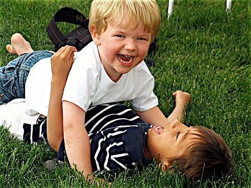 Toddler boys roughhousing; one boy has the other pinned to the grass and both are laughing.